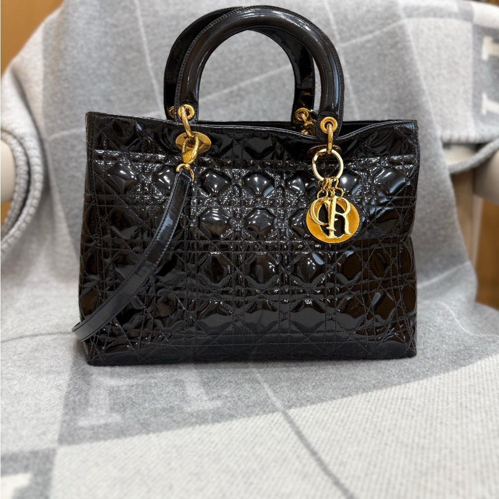 Authentic Christian Dior Black Patent Leather Large Lady Dior Bag